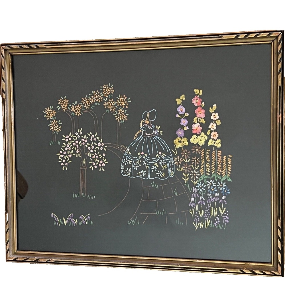 Handmade Embroidered Southern Belle Garden Flowers Framed Art on Black Vintage